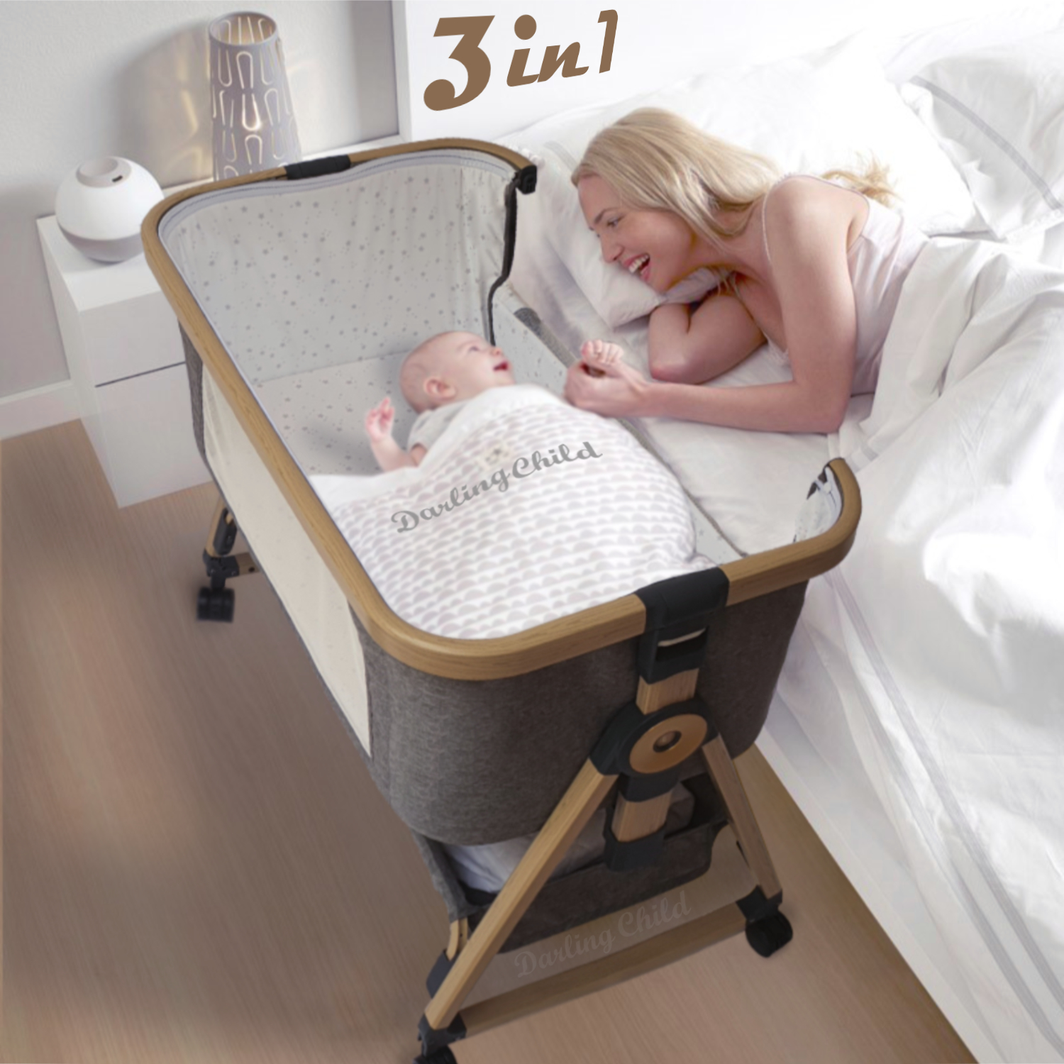 Baby Bassinet with Wheels, 3-in-1 Crib Convertible Portable Cot: Bedside Co-Sleeper in Bed, Rocking Cradle & Rolling Bassinet for Newborn Baby. Foldable Mini Crib, Mattress & Mosquito Net. Wood Finish