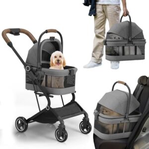 3-in-1 Pet Stroller - Dog Stroller for Small Dogs 10 lbs, Detachable Carrier, Car Seat, Foldable, Zipperless Design with 360Â° Swivel Wheels, Rear Brake and Storage Basket for Small Dogs & Cats.
