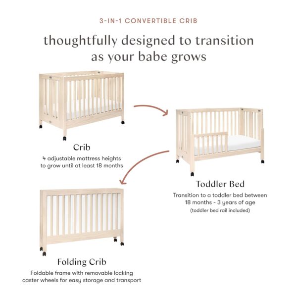 Full-Size 2-in-1 Portable Folding Crib with Toddler Bed Conversion Kit in Washed Natural, Greenguard Gold Certified - Image 2