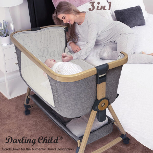 Baby Bassinet with Wheels, 3-in-1 Crib Convertible Portable Cot: Bedside Co-Sleeper in Bed, Rocking Cradle & Rolling Bassinet for Newborn Baby. Foldable Mini Crib, Mattress & Mosquito Net. Wood Finish