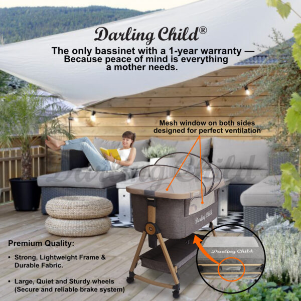 Darling Child Portable Newborn Baby Bassinet Crib, 3-in-1 Convertible Cot: Bedside Co-Sleeper in Bed, Rocking Cradle & Rolling Bassinet for Baby. Foldable Mini Crib with Wheels, Mattress & Mosquito Net. Wood Finish - Image 2