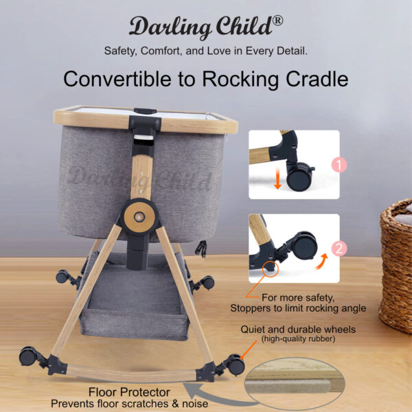 Darling Child Portable Newborn Baby Bassinet Crib, 3-in-1 Convertible Cot: Bedside Co-Sleeper in Bed, Rocking Cradle & Rolling Bassinet for Baby. Foldable Mini Crib with Wheels, Mattress & Mosquito Net. Wood Finish - Image 3