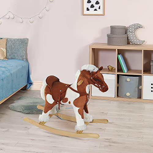 Qaba Wooden Toddler Rocking Horse, Kids Plush Ride on Horse Toy Animal Rocker with Nursery Rhyme Music Brown - Image 3