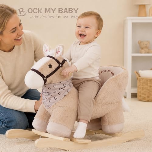 Rock My Baby Rocking Horse, Baby Animal Rocking Horse with Seat, Ride on Horse, Plush Rocking Horse with Realistic Sound, Wooden Rocking Horses Ages 1-3 (Caramel Color Horse), CPC Certified - Image 3