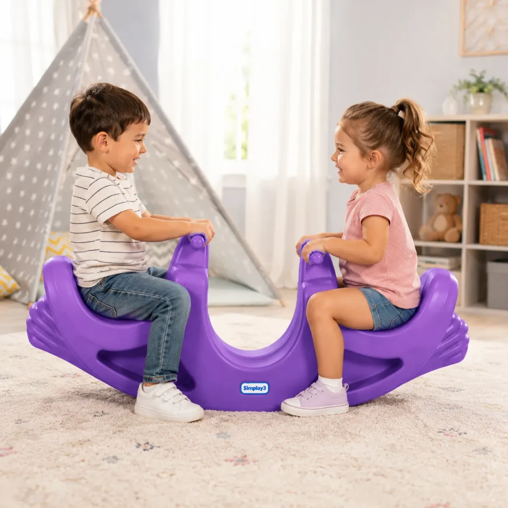 Purple Rock & Roll Teeter Totter Seesaw for toddlers with sturdy handles and durable design