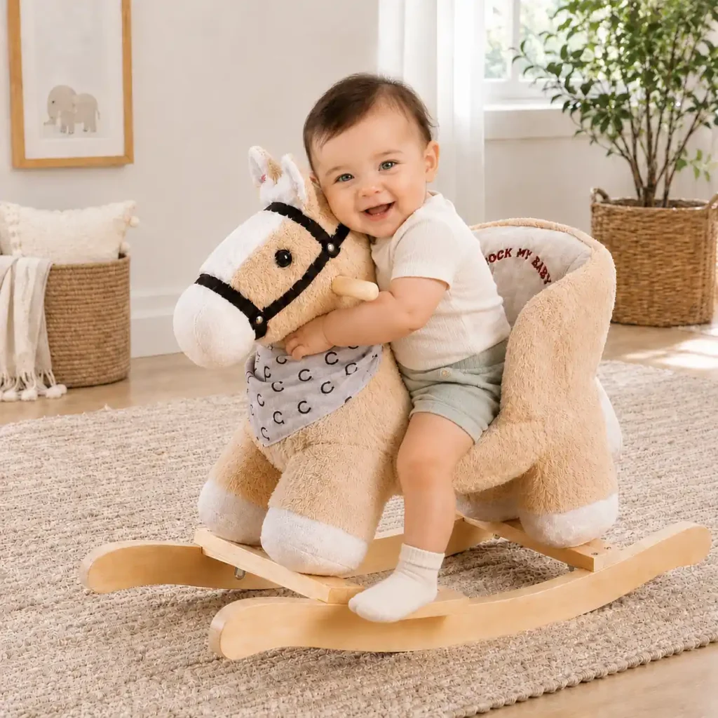 Plush nursery rocker for toddlers with soft seat and sturdy wooden rocking base