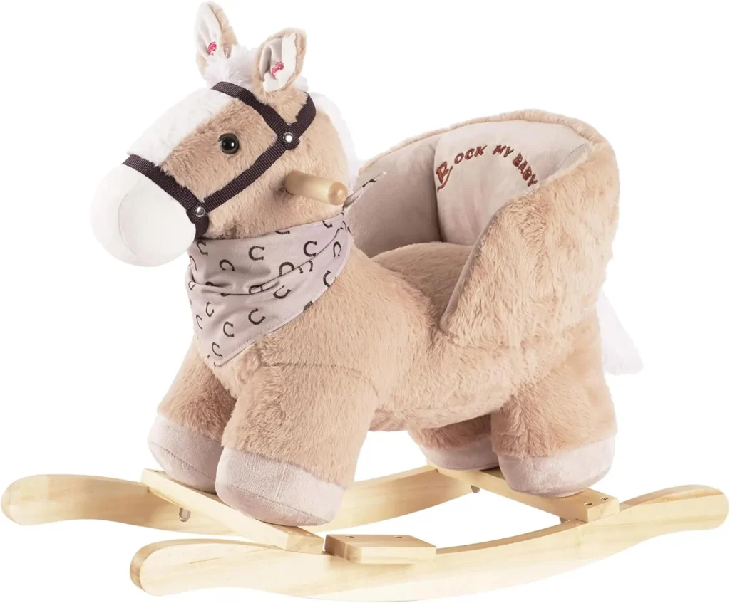 Animal rocking horse for toddlers with plush seat and sturdy wooden rocking base