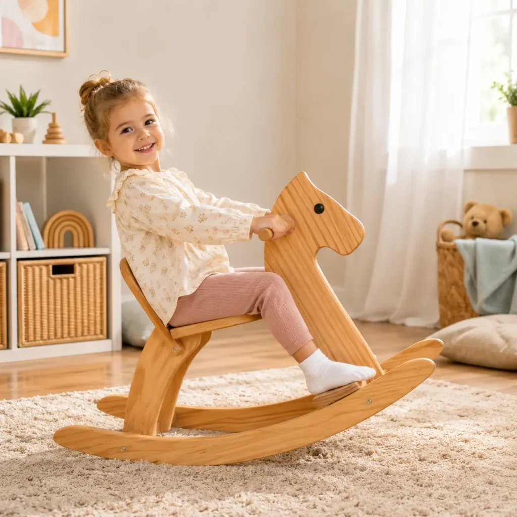 Wooden rocking horse for toddlers with sturdy handcrafted design